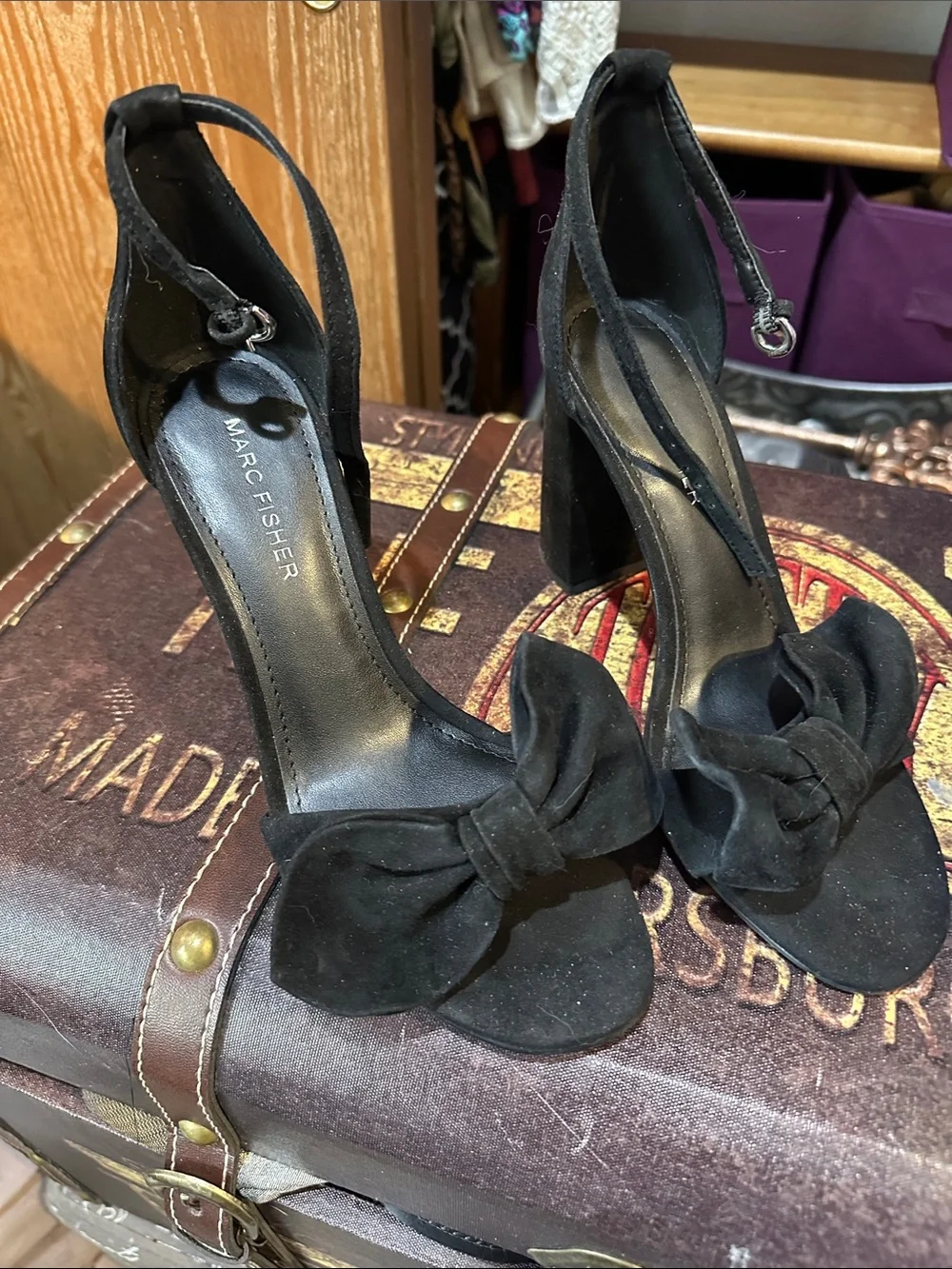 Marc Fisher Black Suede Bow Block-Heel Sandals with Ankle Strap - Picture 1 of 5
